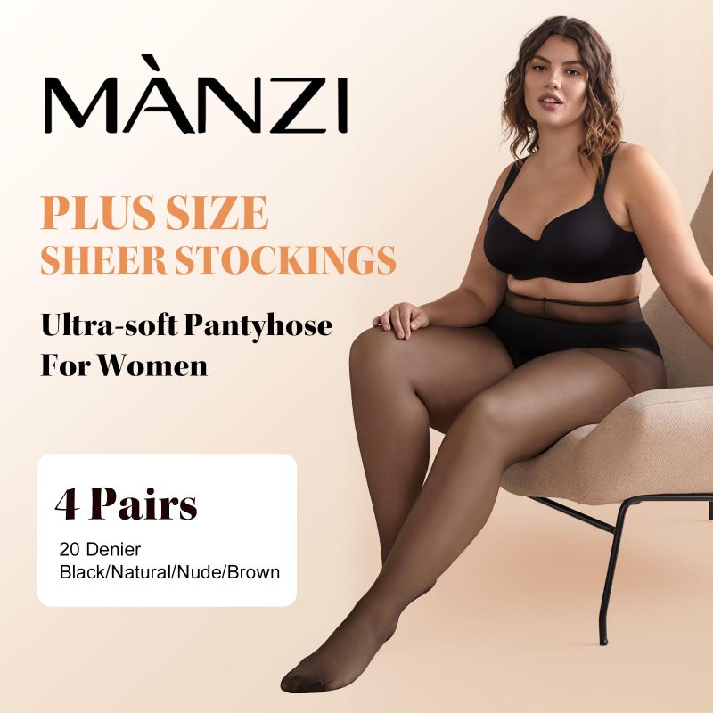 MANZI Women's Plus Size Pantyhose 4 Pairs Ultra Sheer Nylon Tights Black 3X - Image 2